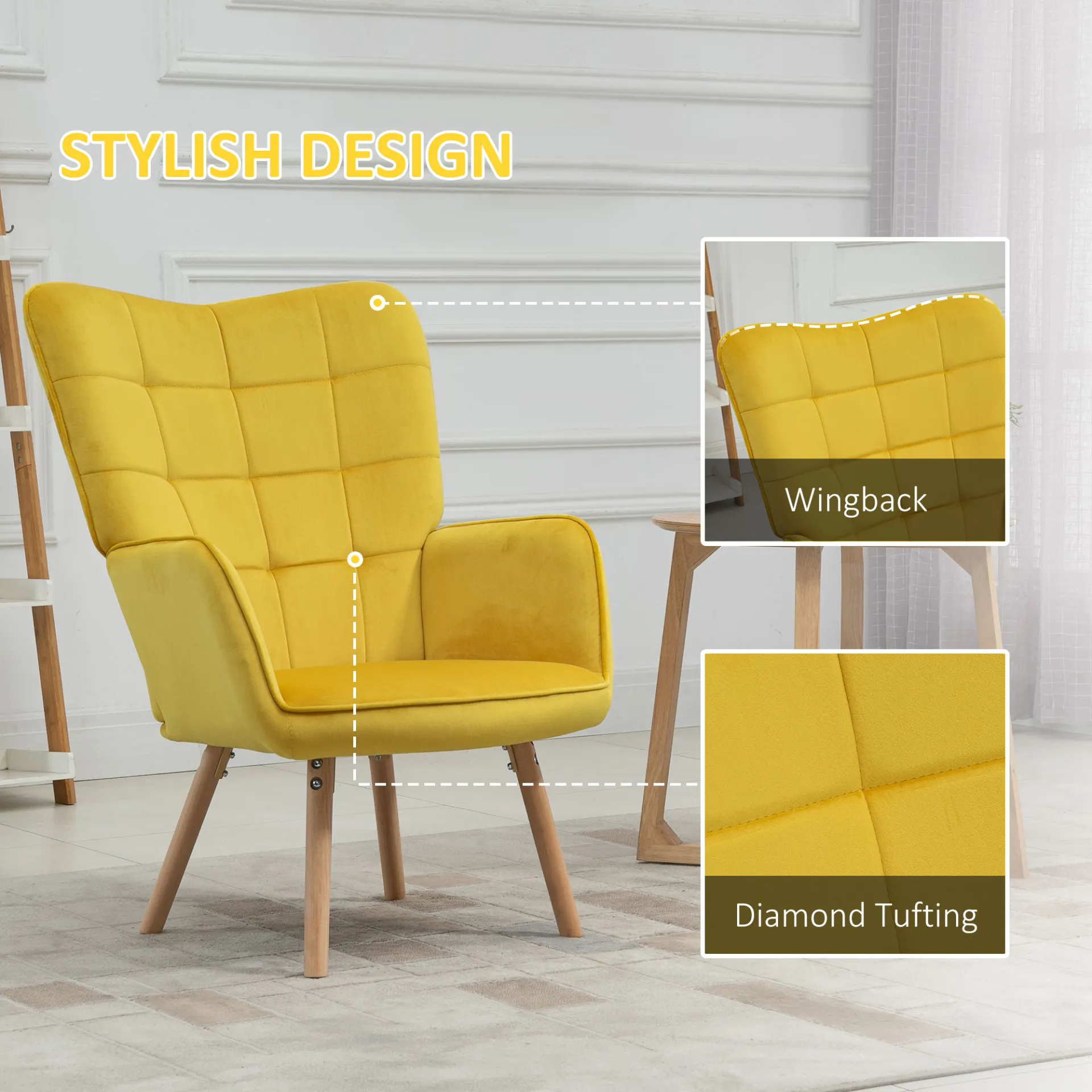 HOMCOM Velvet-Touch Tufted Wingback Armchair - Stylish Yellow Upholstered Club Chair with Wooden Legs