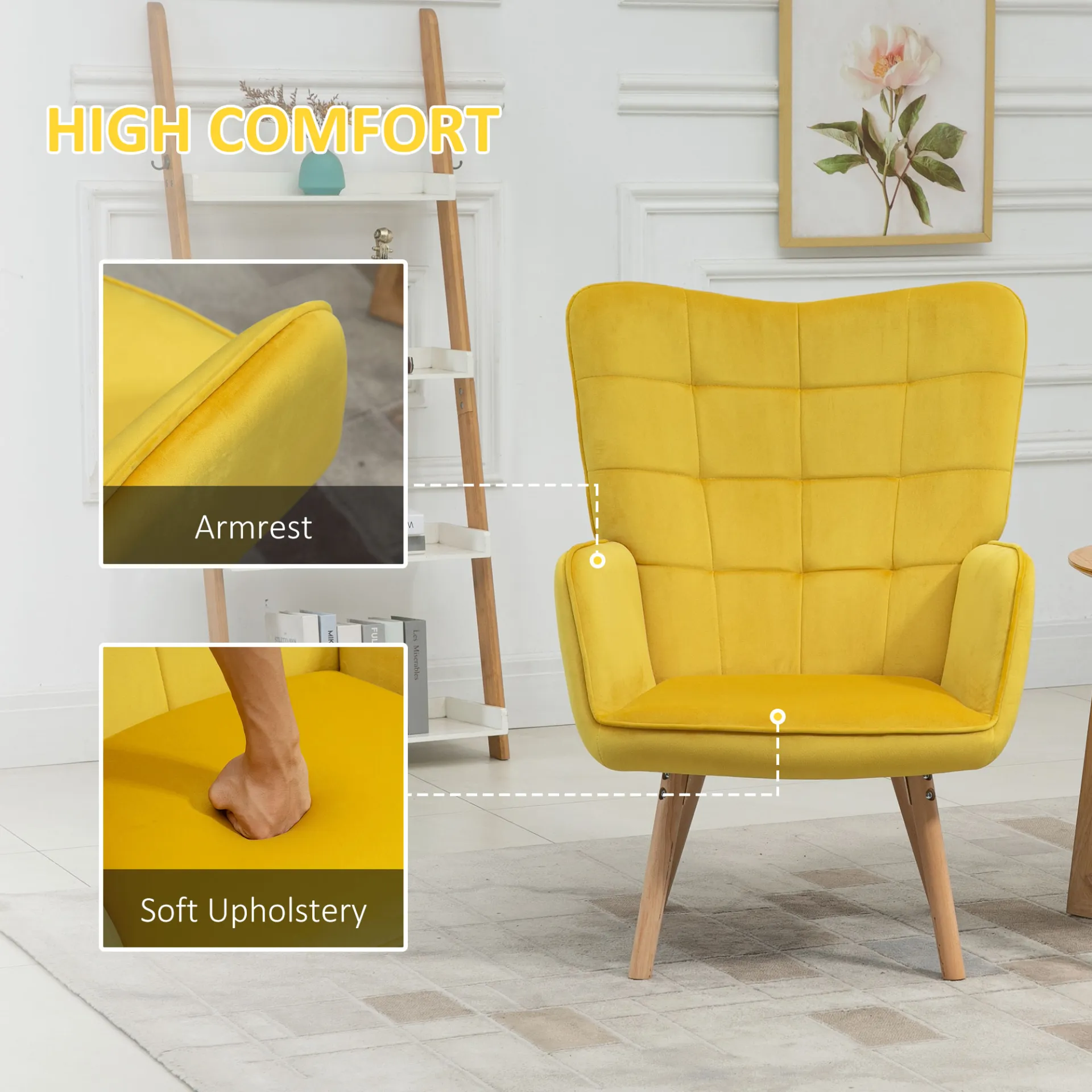 HOMCOM Velvet-Touch Tufted Wingback Armchair - Stylish Yellow Upholstered Club Chair with Wooden Legs