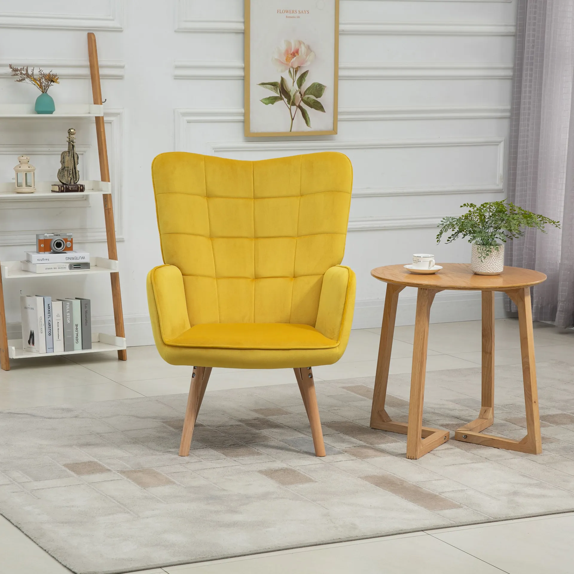 HOMCOM Velvet-Touch Tufted Wingback Armchair - Stylish Yellow Upholstered Club Chair with Wooden Legs