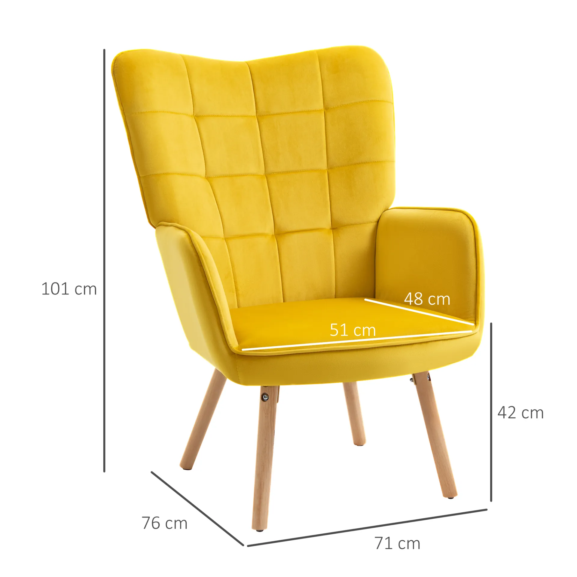 HOMCOM Velvet-Touch Tufted Wingback Armchair - Stylish Yellow Upholstered Club Chair with Wooden Legs