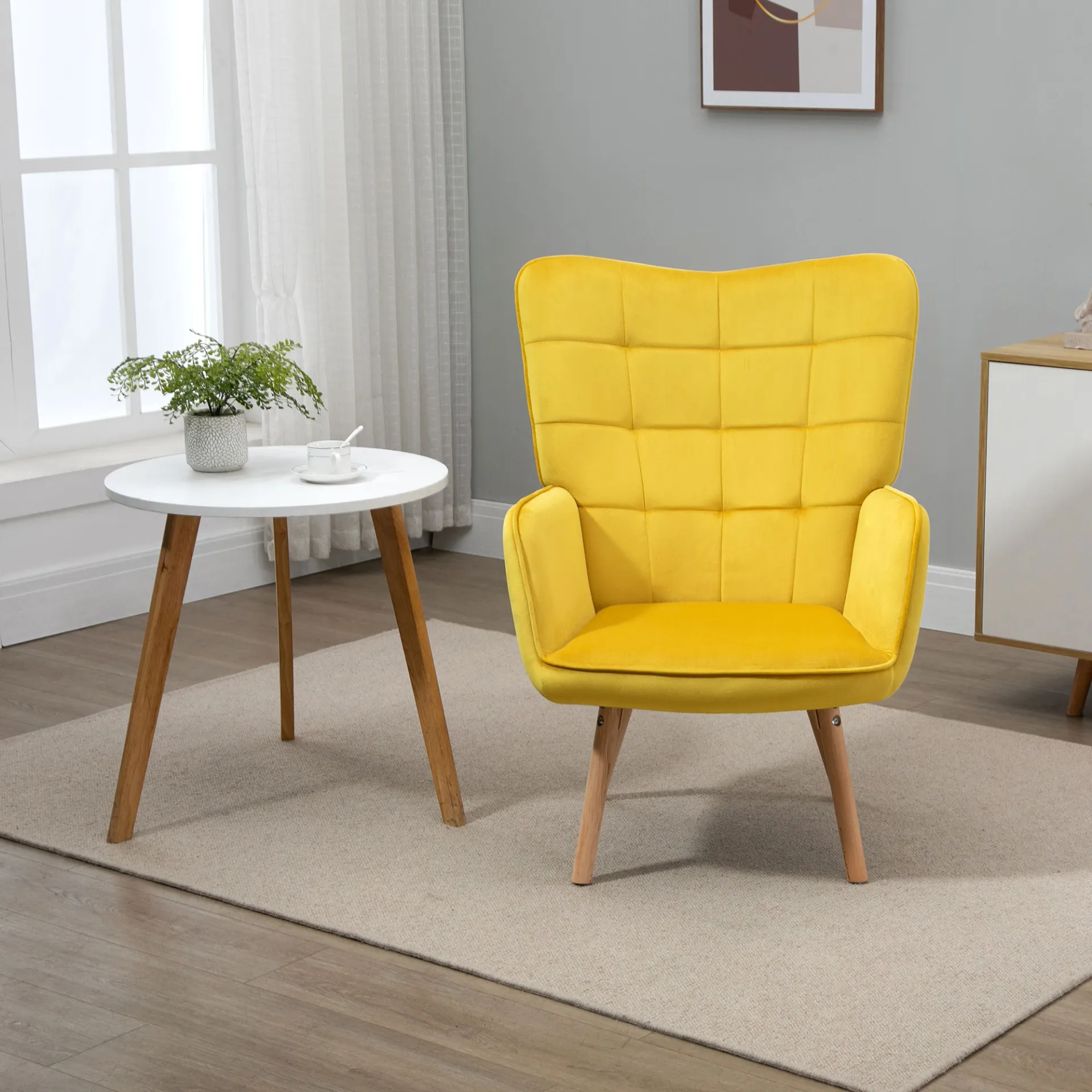 HOMCOM Velvet-Touch Tufted Wingback Armchair - Stylish Yellow Upholstered Club Chair with Wooden Legs