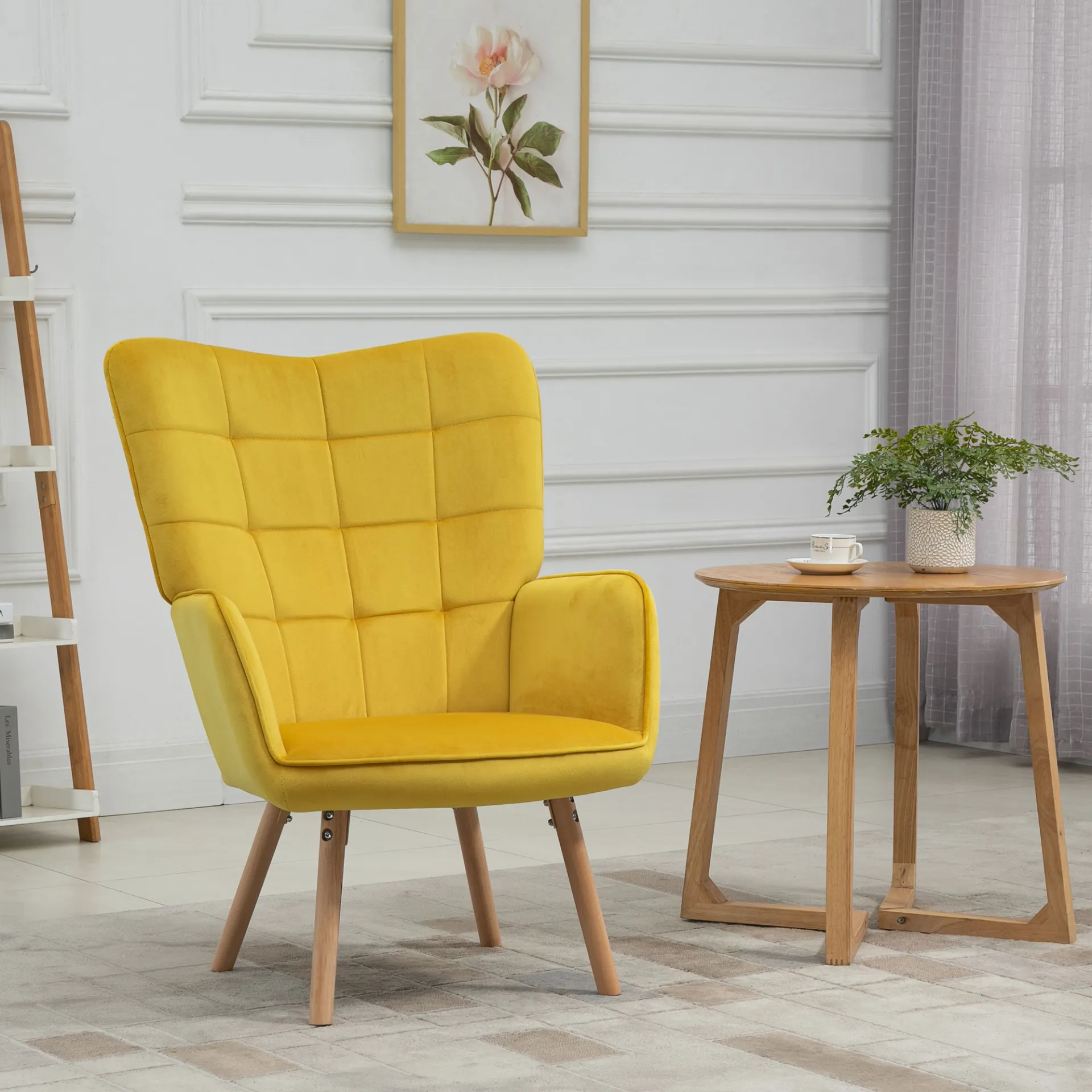 HOMCOM Velvet-Touch Tufted Wingback Armchair - Stylish Yellow Upholstered Club Chair with Wooden Legs