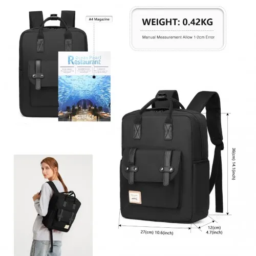 Kono Casual Daypack Lightweight Backpack - Water-Resistant Travel Bag - Black | Versatile and Stylish for Everyday Use