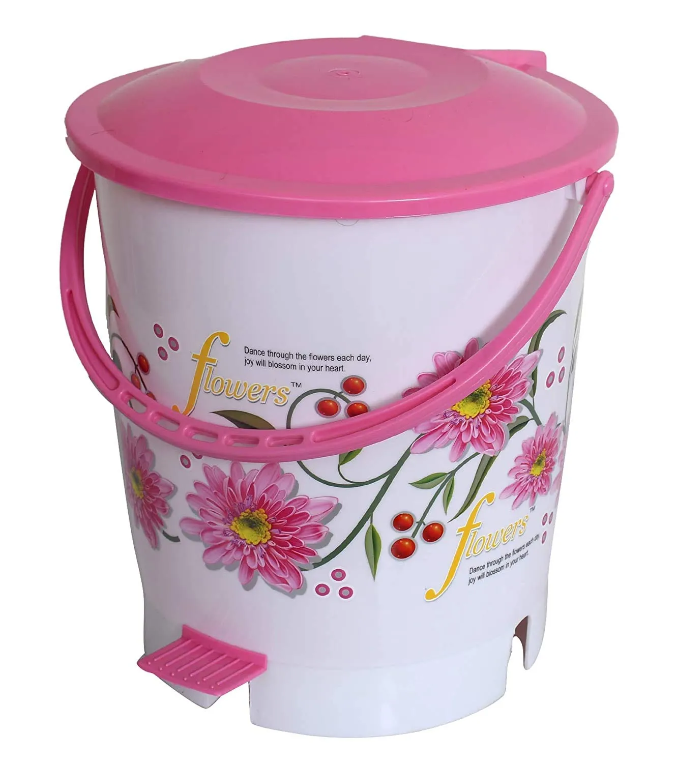 Kuber Industries Flower Print Plastic Step-On Garbage Waste Dustbin/Recycling Bin with Lid for Home, Office, Factory, 10 Liters (Pink)-KUBMART10940