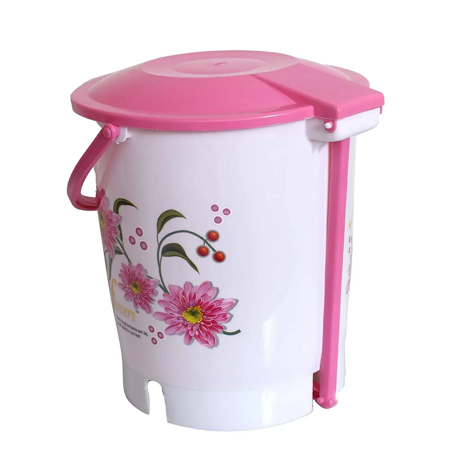 Kuber Industries Flower Print Plastic Step-On Garbage Waste Dustbin/Recycling Bin with Lid for Home, Office, Factory, 10 Liters (Pink)-KUBMART10940