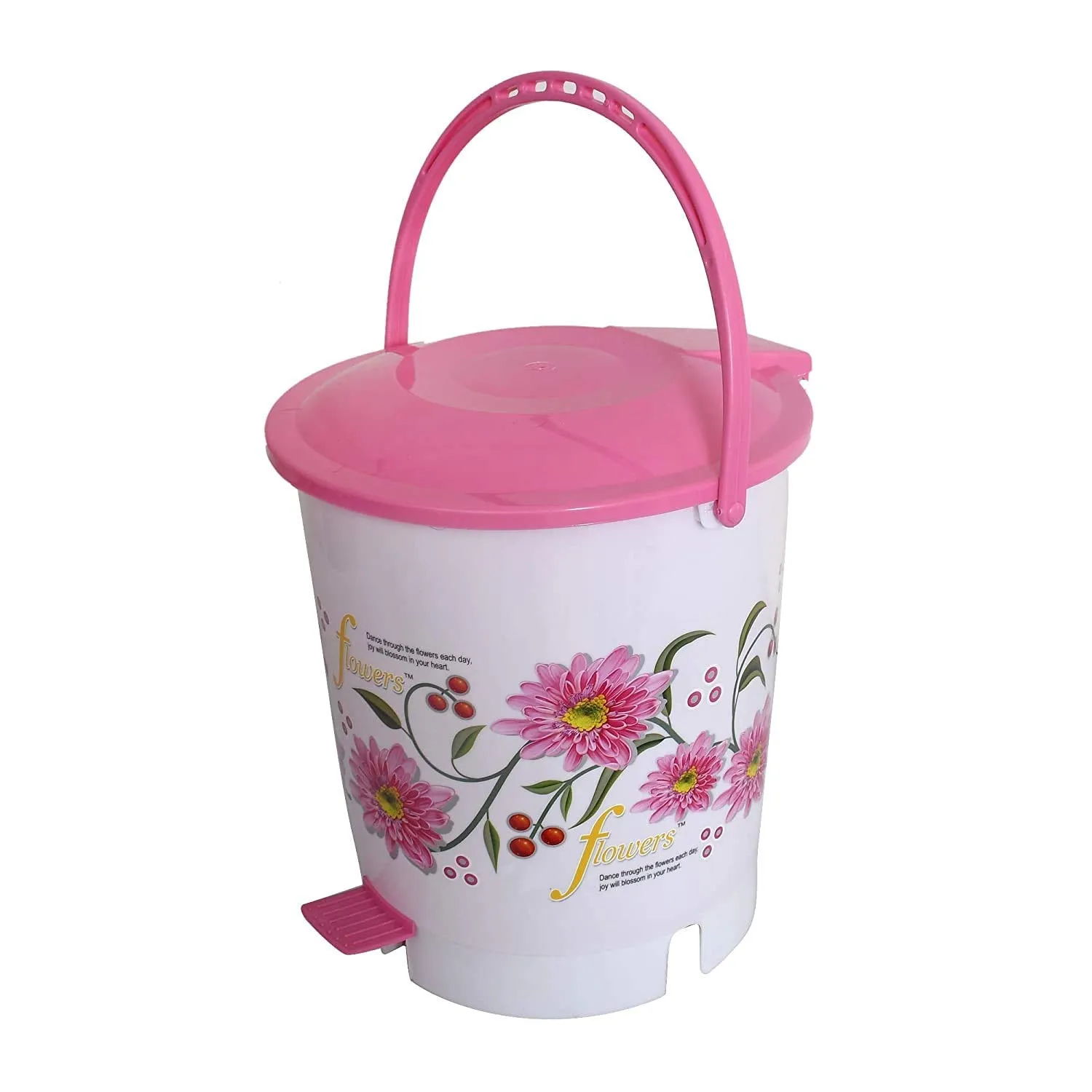 Kuber Industries Flower Print Plastic Step-On Garbage Waste Dustbin/Recycling Bin with Lid for Home, Office, Factory, 10 Liters (Pink)-KUBMART10940