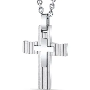 Layered Two-Toned Stainless Steel Cross Pendant With Steel Ball Chain