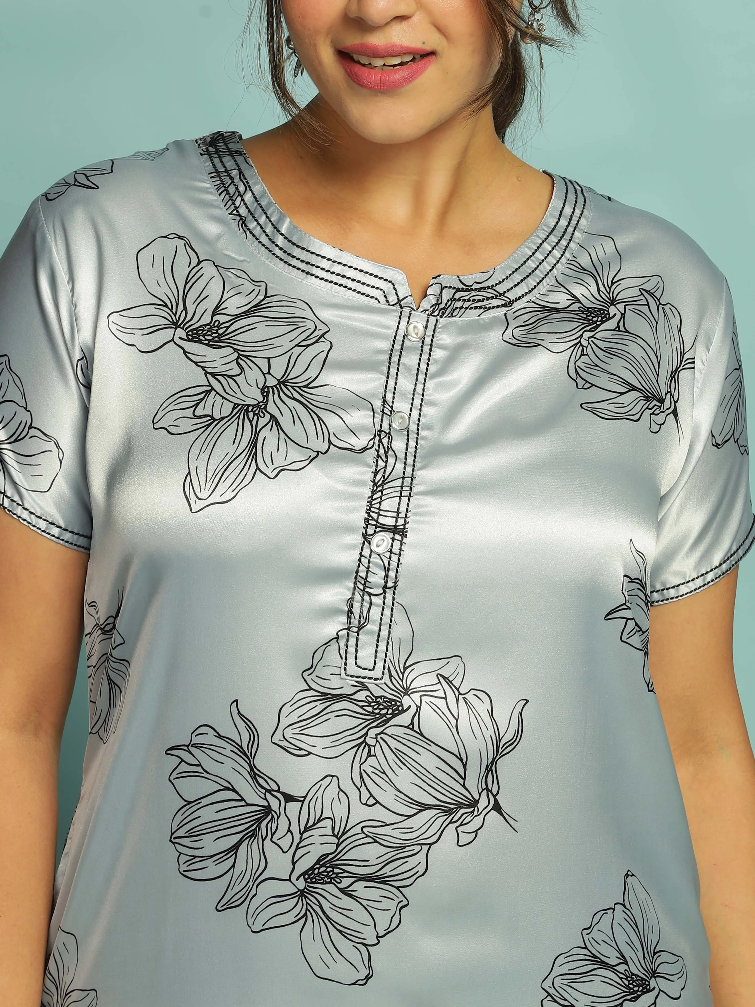 Light Grey Satin Floral Nighty for Women With Stylish and Comfortable