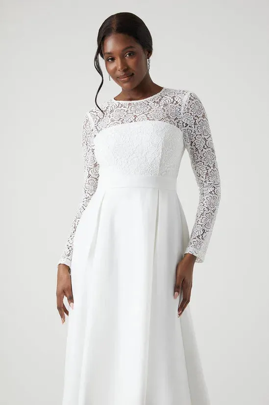 Long Sleeve Lace Ponte Midi Wedding Dress