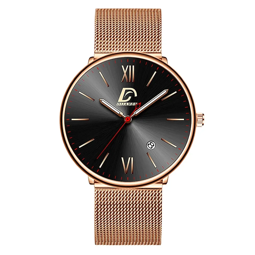 Luxury Stainless Steel Mesh Quartz Watch for Men - Luminous Leather Calendar Watch