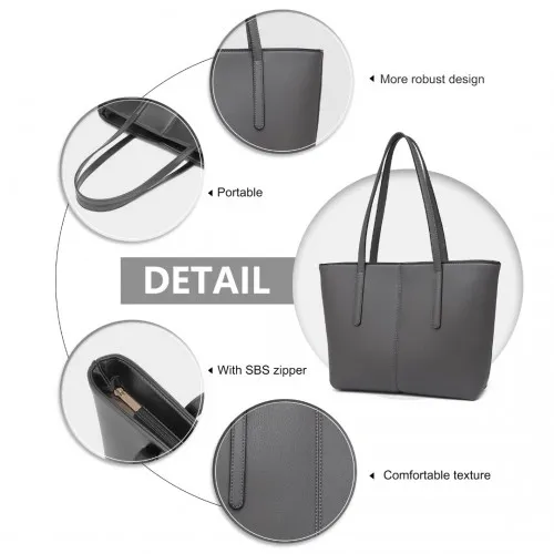 Miss Lulu Leather Look Simple Casual Tote Bag - Grey | Stylish & Durable Tote for Everyday Use