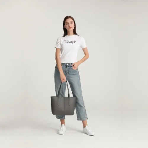 Miss Lulu Leather Look Simple Casual Tote Bag - Grey | Stylish & Durable Tote for Everyday Use