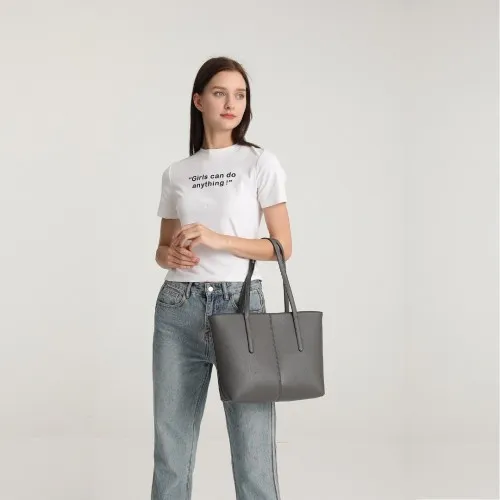 Miss Lulu Leather Look Simple Casual Tote Bag - Grey | Stylish & Durable Tote for Everyday Use