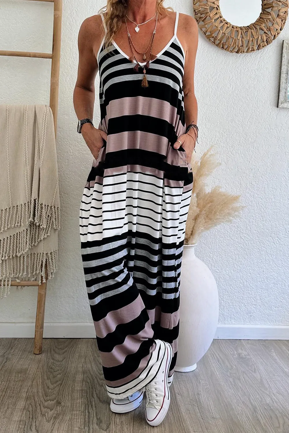 Mixed Stripes Spaghetti Straps V Neck Maxi Dress