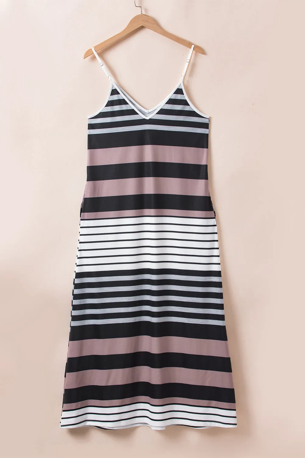 Mixed Stripes Spaghetti Straps V Neck Maxi Dress