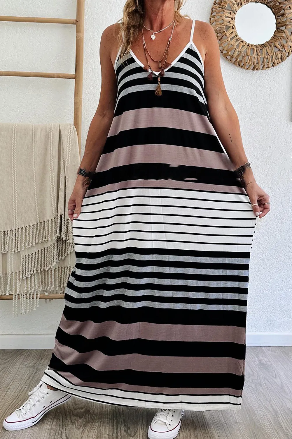 Mixed Stripes Spaghetti Straps V Neck Maxi Dress