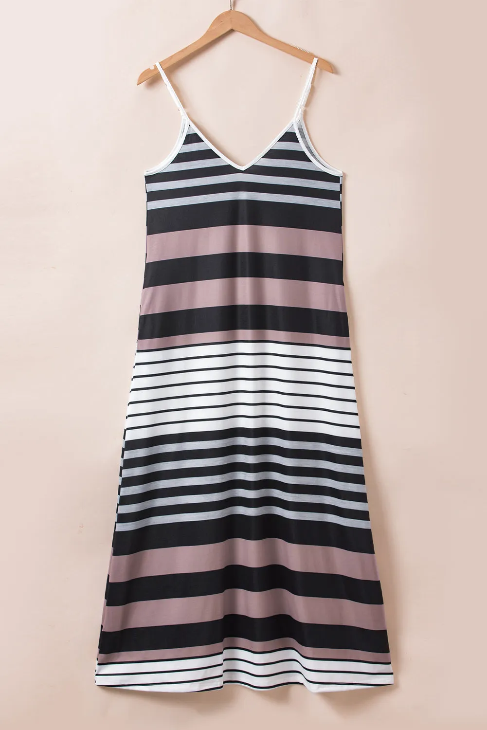 Mixed Stripes Spaghetti Straps V Neck Maxi Dress