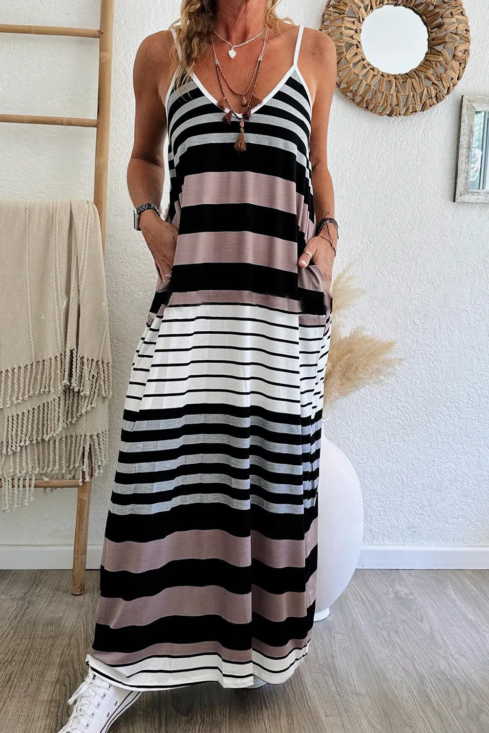 Mixed Stripes Spaghetti Straps V Neck Maxi Dress