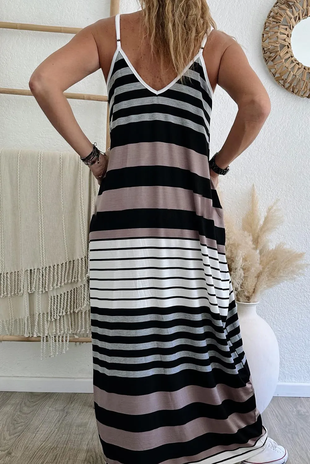 Mixed Stripes Spaghetti Straps V Neck Maxi Dress