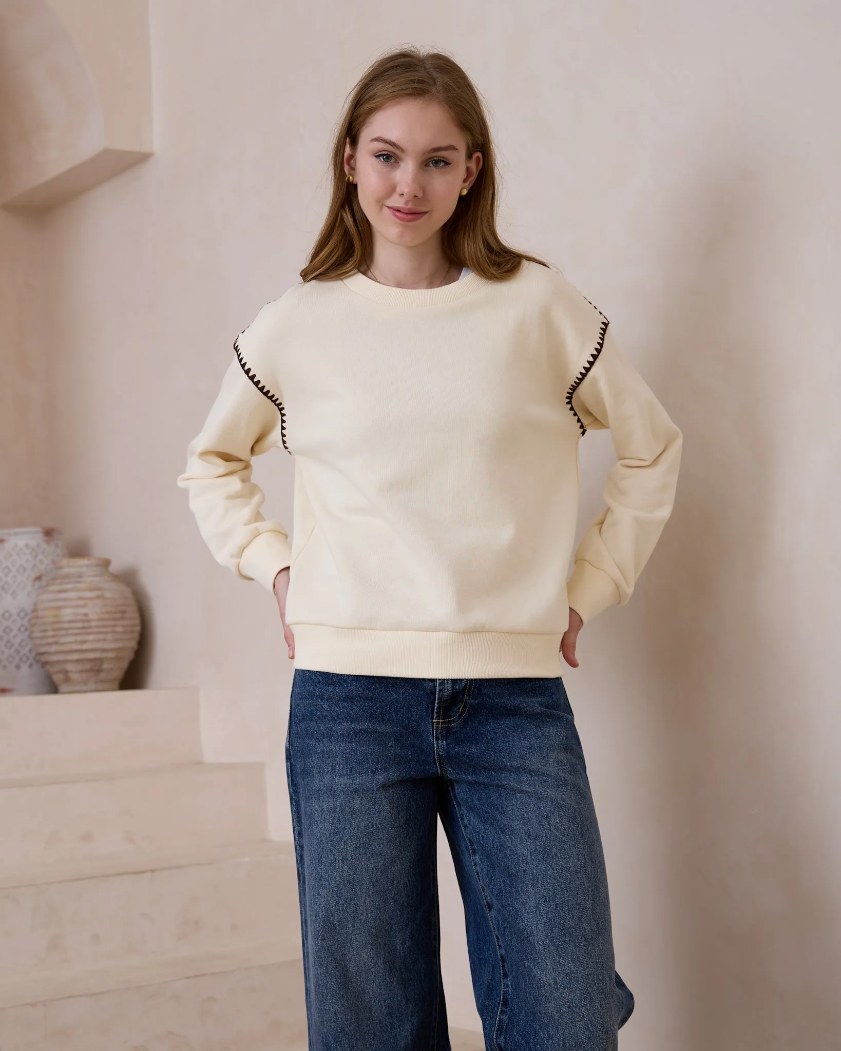 Morgan Cream Contrast Stitch Sweat shirt