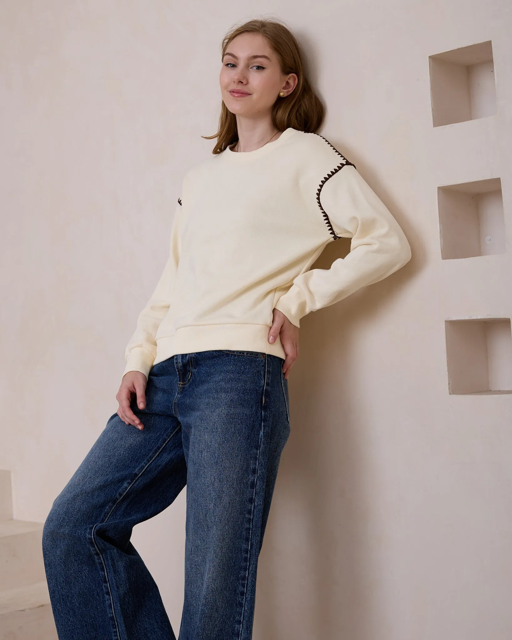 Morgan Cream Contrast Stitch Sweat shirt