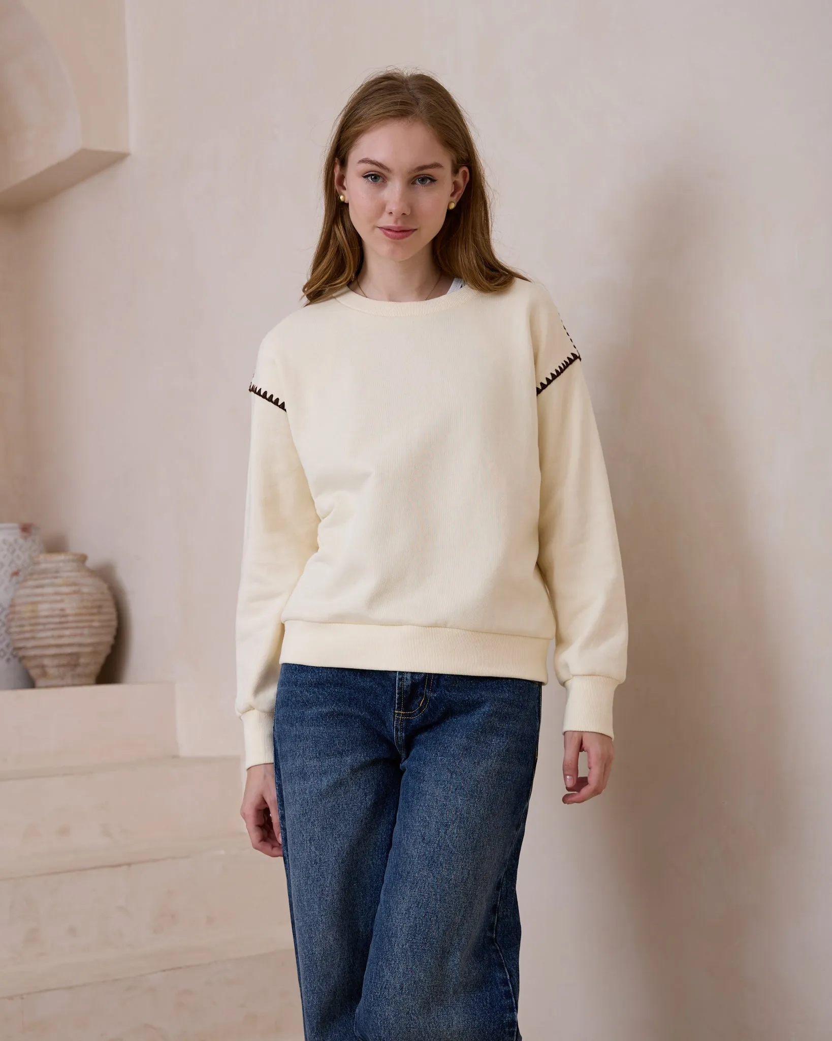 Morgan Cream Contrast Stitch Sweat shirt