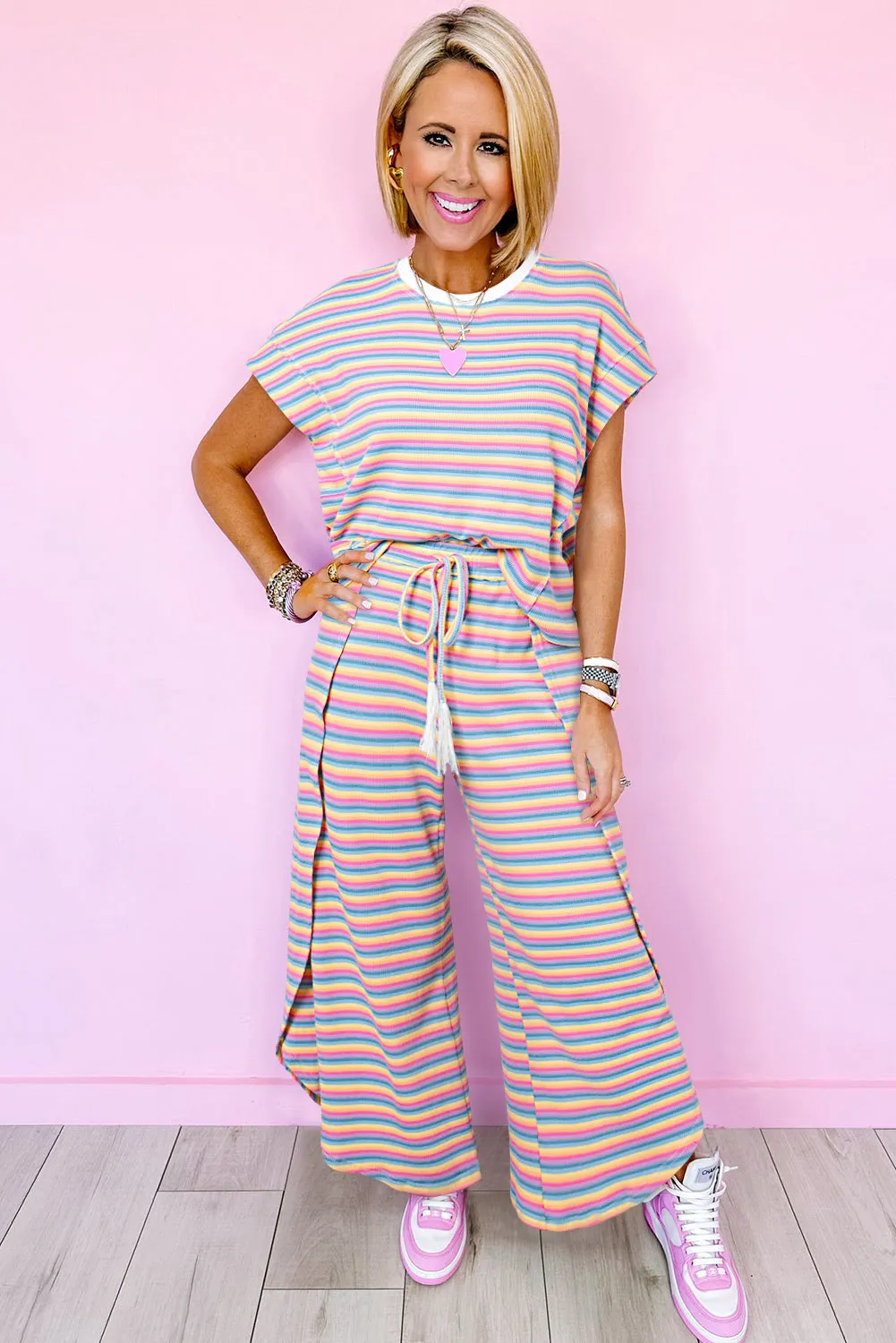 Pink Stripe Rainbow Tee Tasseled String Wide Leg Pants Set