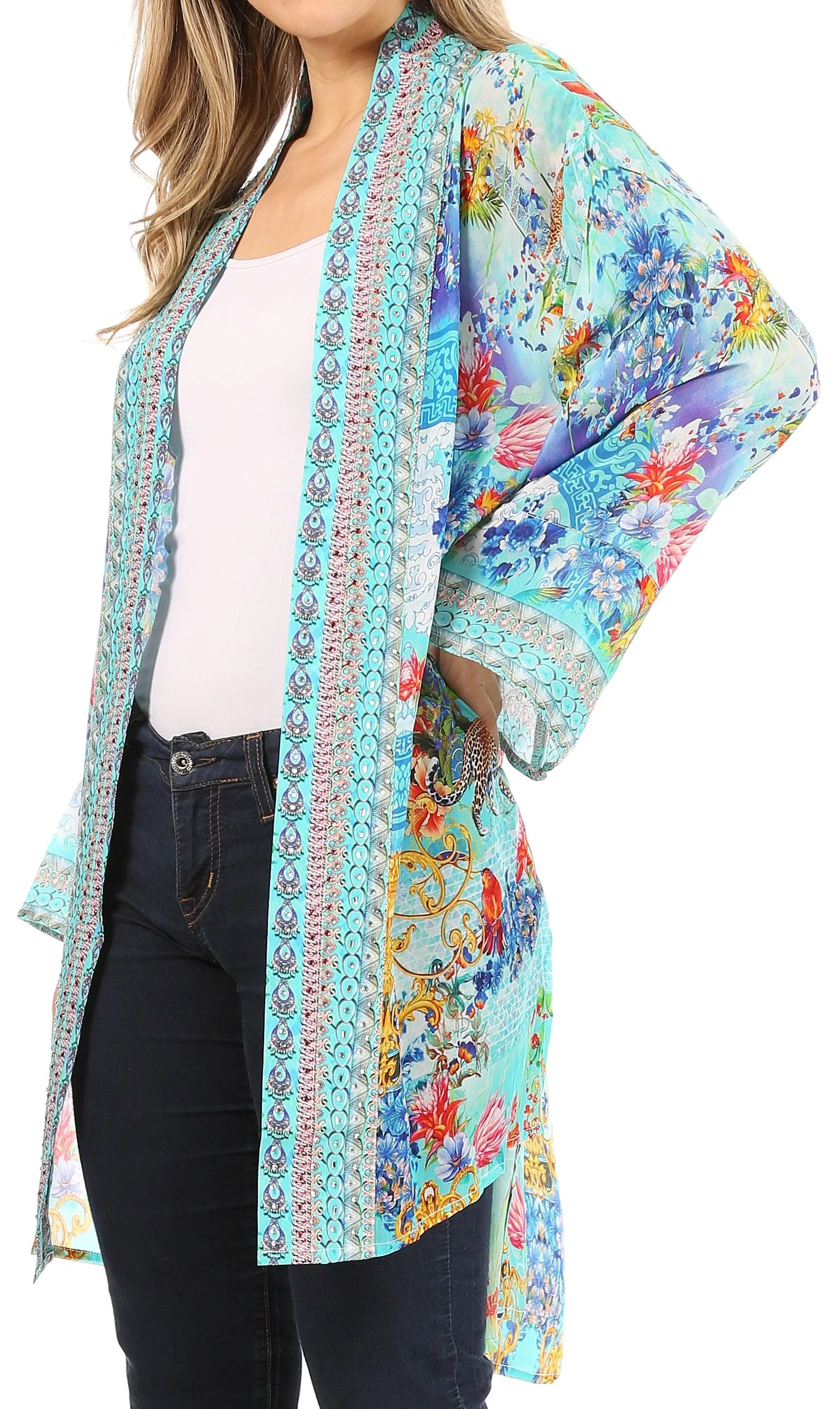 Sakkas Aremi Women Floral Printed Open Front Cardigan Top Boho Casual Short Sleeve