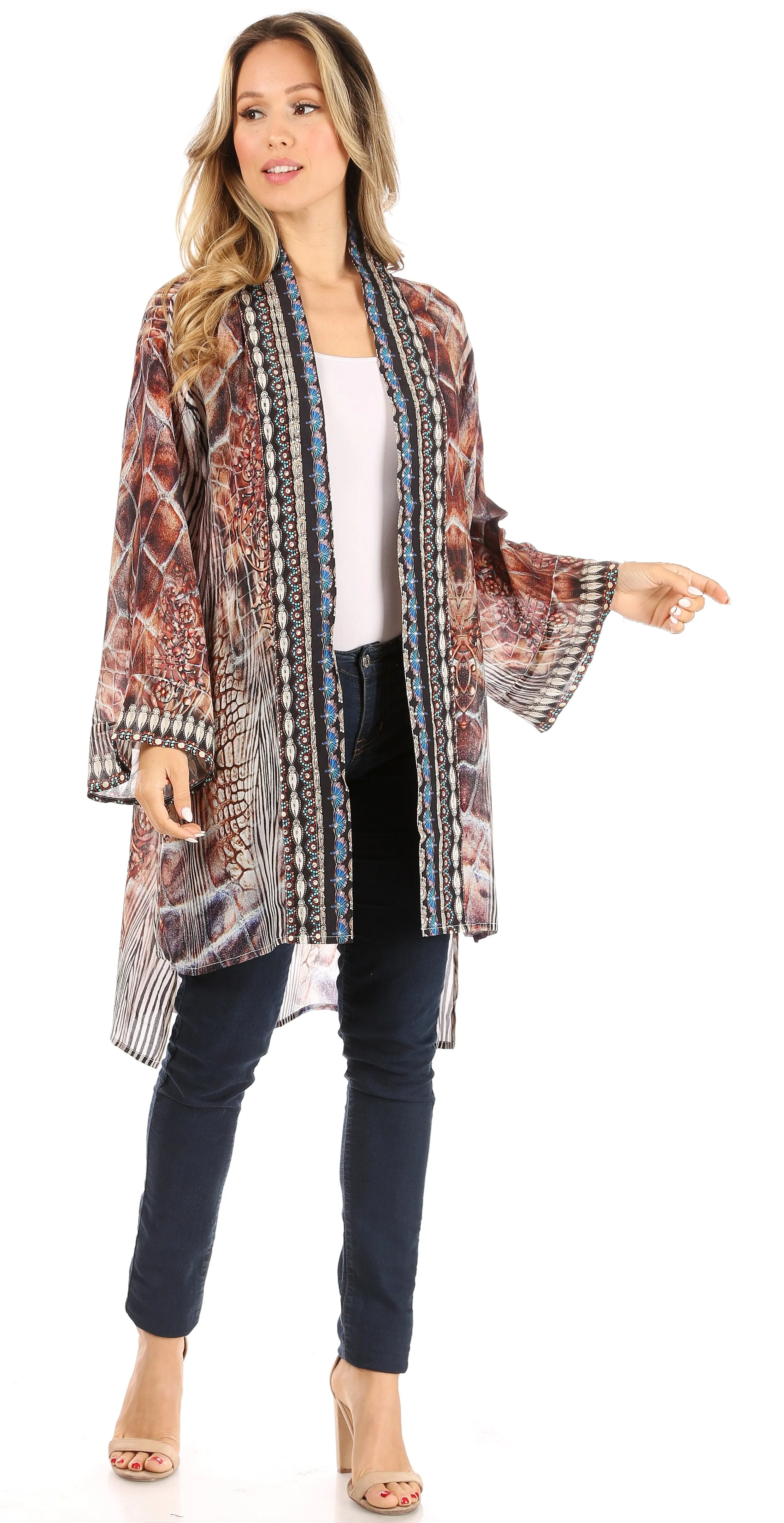 Sakkas Aremi Women Floral Printed Open Front Cardigan Top Boho Casual Short Sleeve