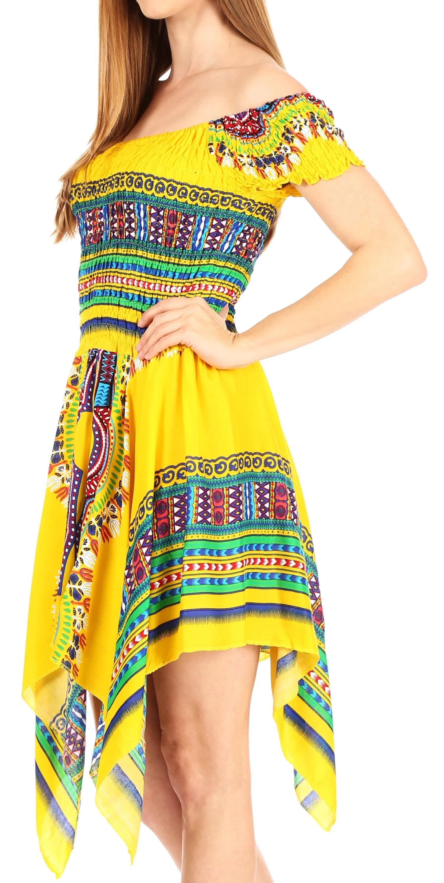 Sakkas Femi Women's Casual Cocktail Off Shoulder Dashiki African Stretchy Dress