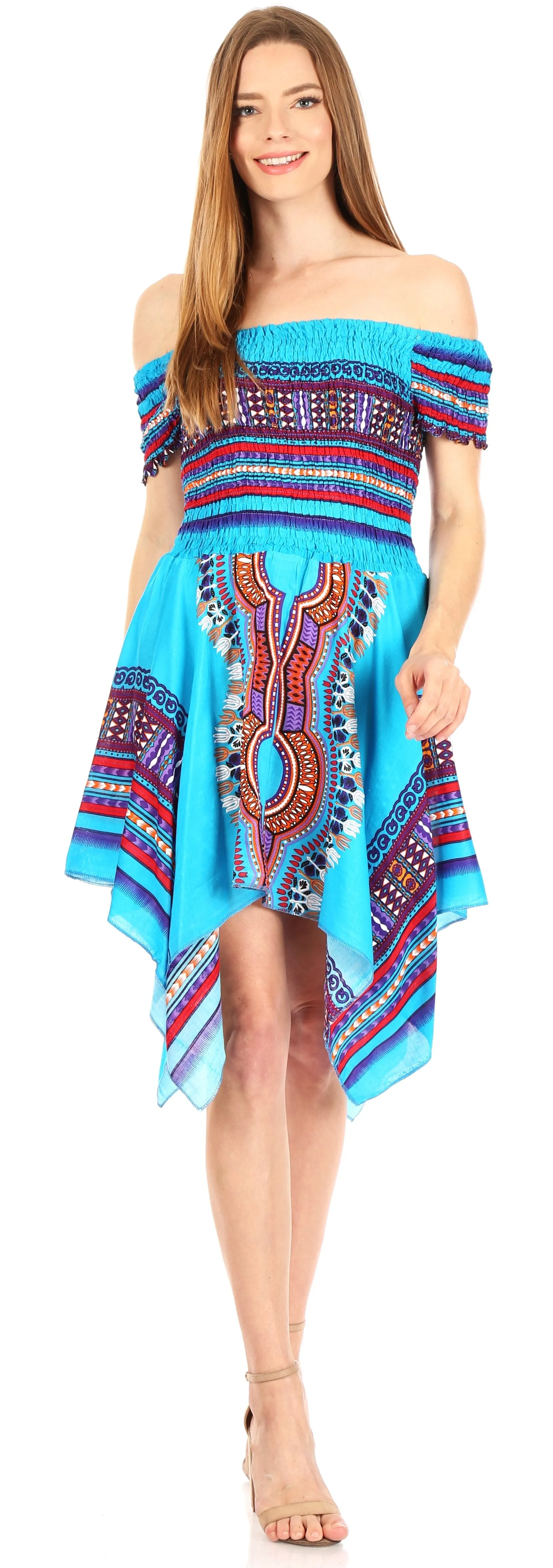 Sakkas Femi Women's Casual Cocktail Off Shoulder Dashiki African Stretchy Dress