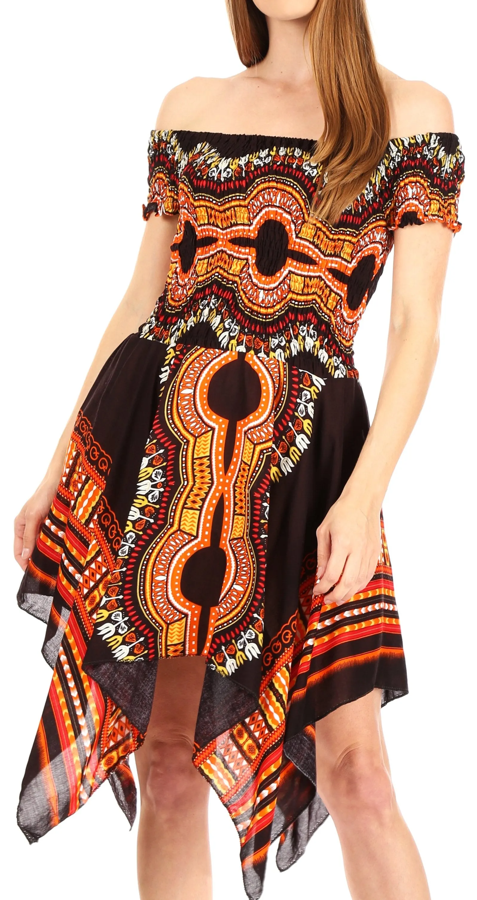 Sakkas Femi Women's Casual Cocktail Off Shoulder Dashiki African Stretchy Dress