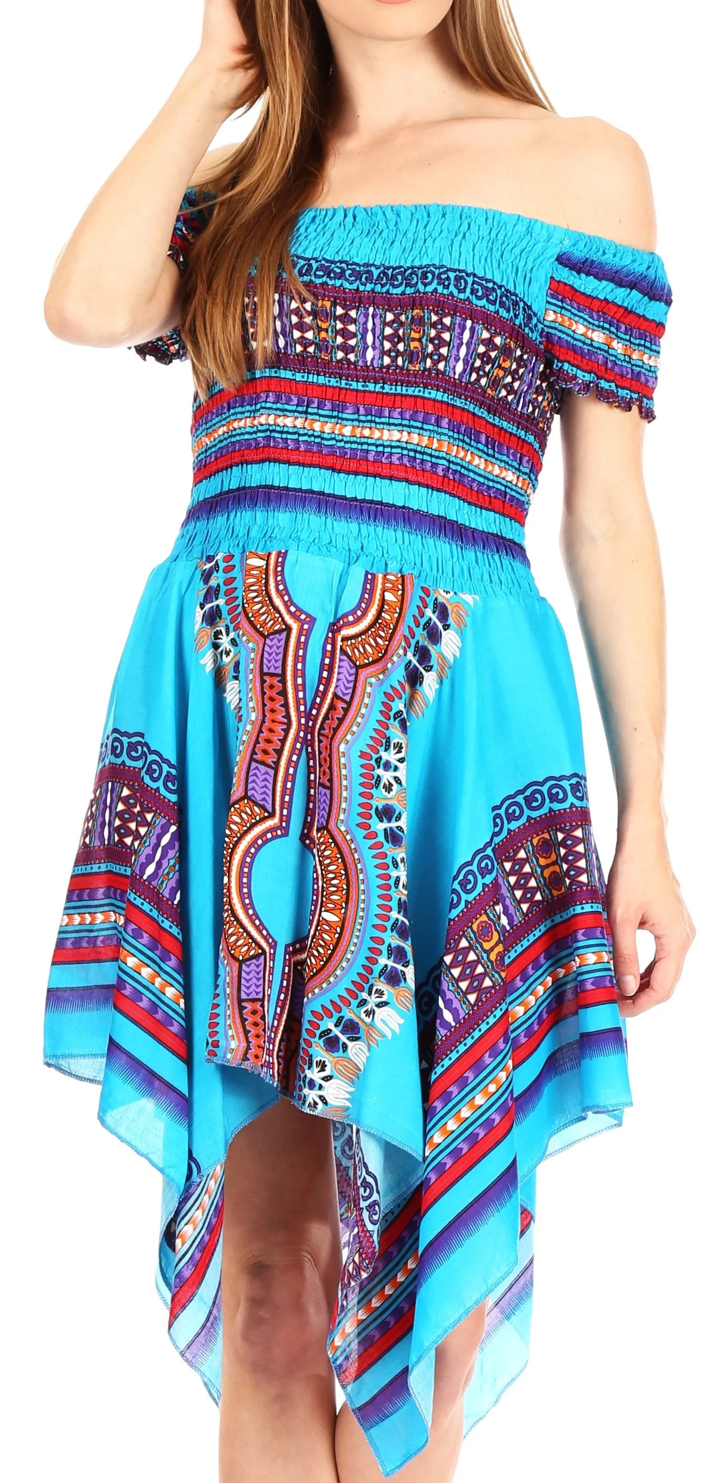 Sakkas Femi Women's Casual Cocktail Off Shoulder Dashiki African Stretchy Dress