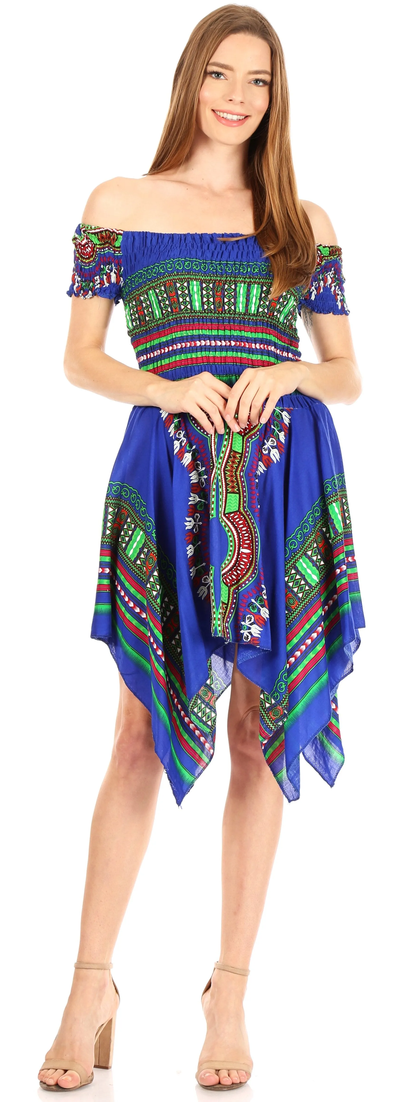 Sakkas Femi Women's Casual Cocktail Off Shoulder Dashiki African Stretchy Dress