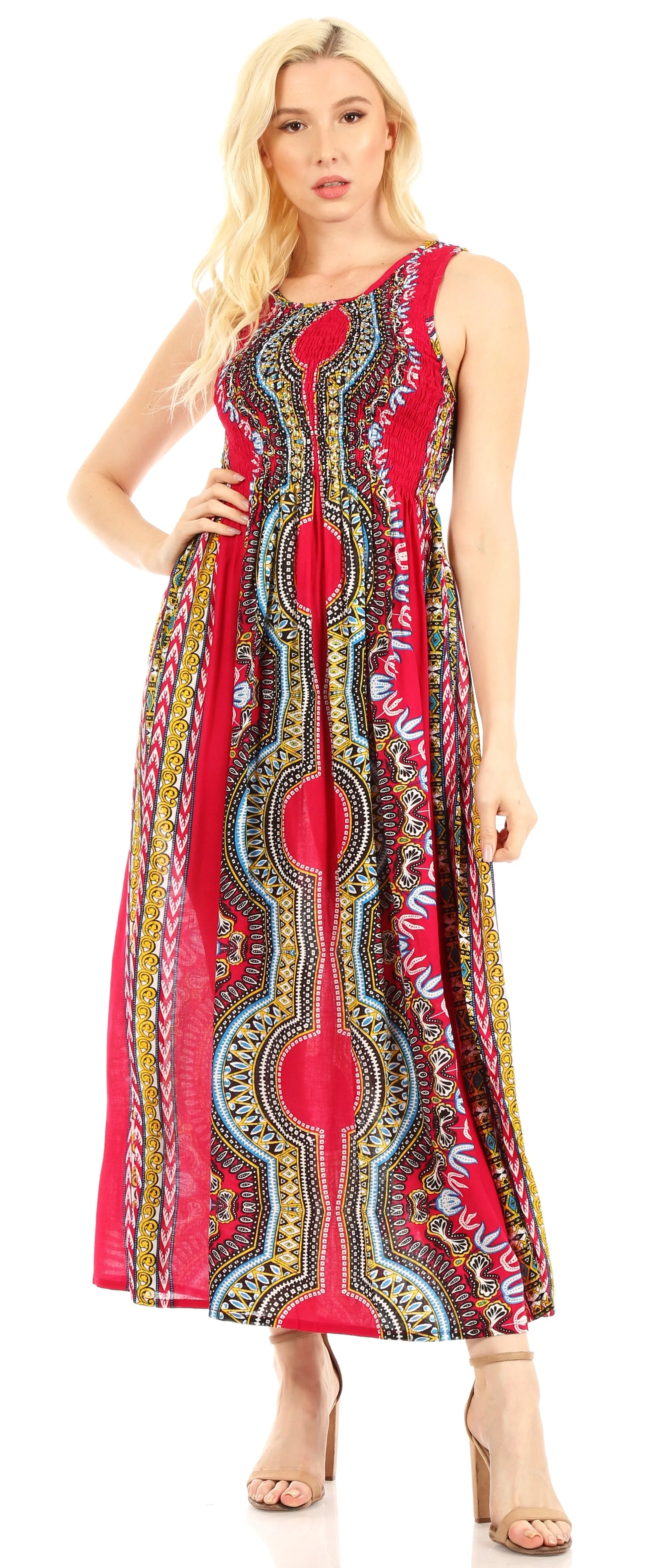 Sakkas Linza Women's Sleeveless Casual Maxi Dashiki African Print Dress Long Nice