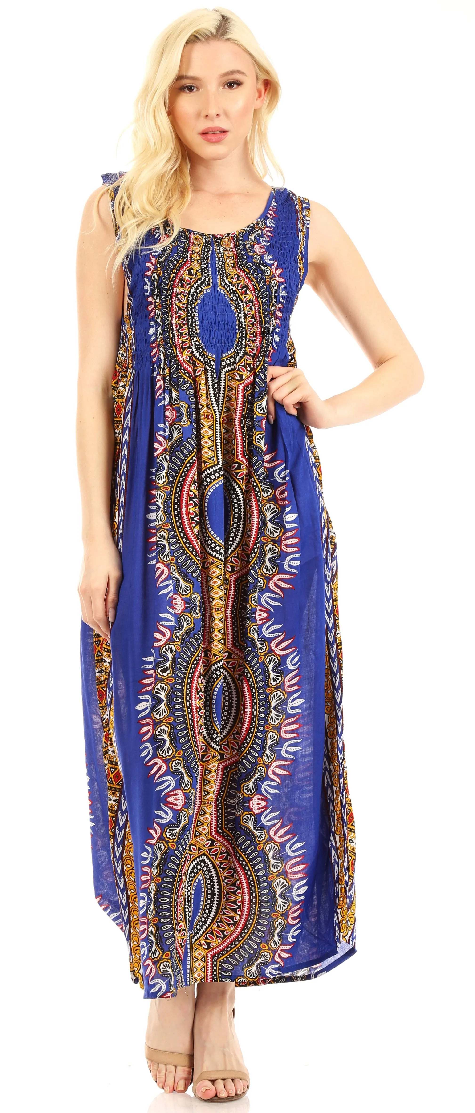 Sakkas Linza Women's Sleeveless Casual Maxi Dashiki African Print Dress Long Nice