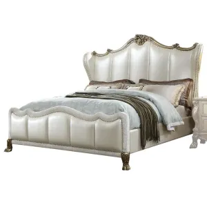 Scarlet California King Bed w/Arched Headboard and Footboard, Pearl White Faux Leather & Gold Patina