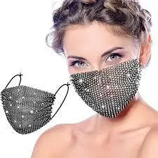 Shiny Rhinestone Mesh Mask Multicolor Crystal Masquerade Face Mask Jewelry for Women (White, Black, Pink, Orange-Red, Lake Blue, Yellow)