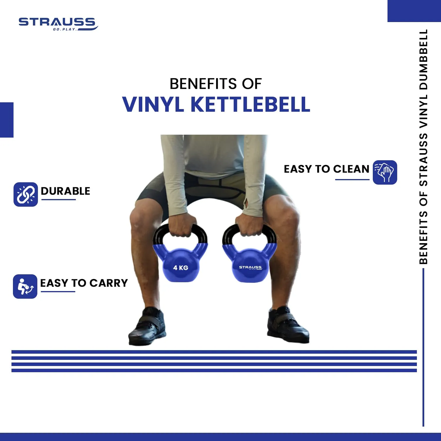 Strauss Premium Vinyl Kettlebell Weight for Men & Women | 12 Kg | Ideal for Home Workout, Yoga, Pilates, Gym Exercises | Non-Slip, Easy to Hold, Scratch Resistant (Blue)