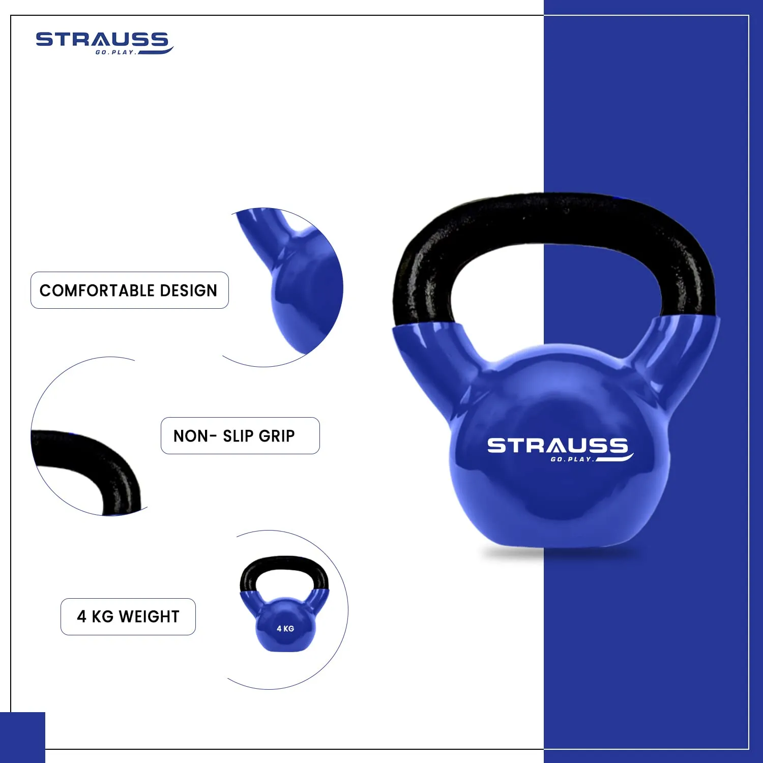 Strauss Premium Vinyl Kettlebell Weight for Men & Women | 12 Kg | Ideal for Home Workout, Yoga, Pilates, Gym Exercises | Non-Slip, Easy to Hold, Scratch Resistant (Blue)