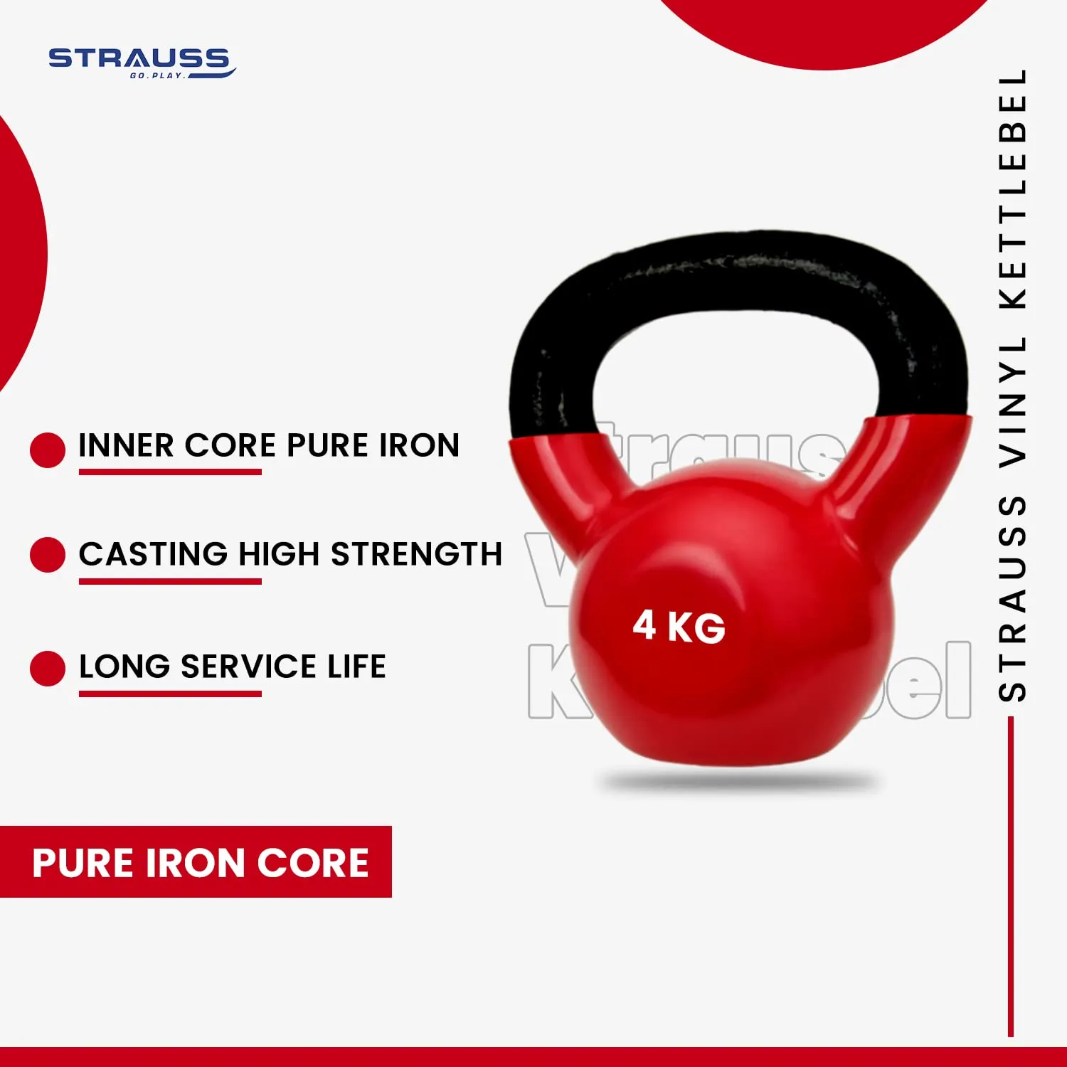 Strauss Premium Vinyl Kettlebell Weight for Men & Women | 4 Kg | Ideal for Home Workout, Yoga, Pilates, Gym Exercises | Non-Slip, Easy to Hold, Scratch Resistant (Red)