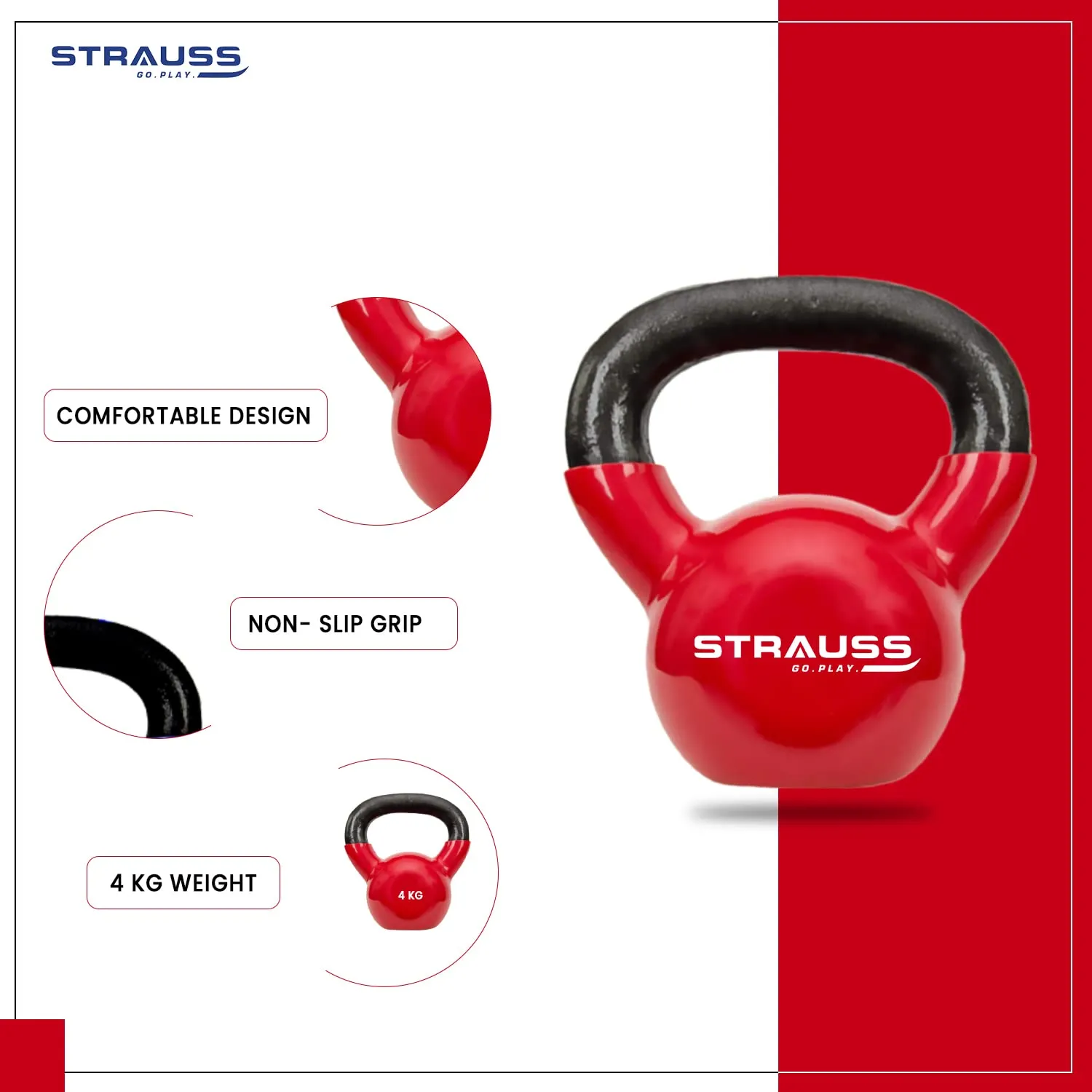 Strauss Premium Vinyl Kettlebell Weight for Men & Women | 4 Kg | Ideal for Home Workout, Yoga, Pilates, Gym Exercises | Non-Slip, Easy to Hold, Scratch Resistant (Red)