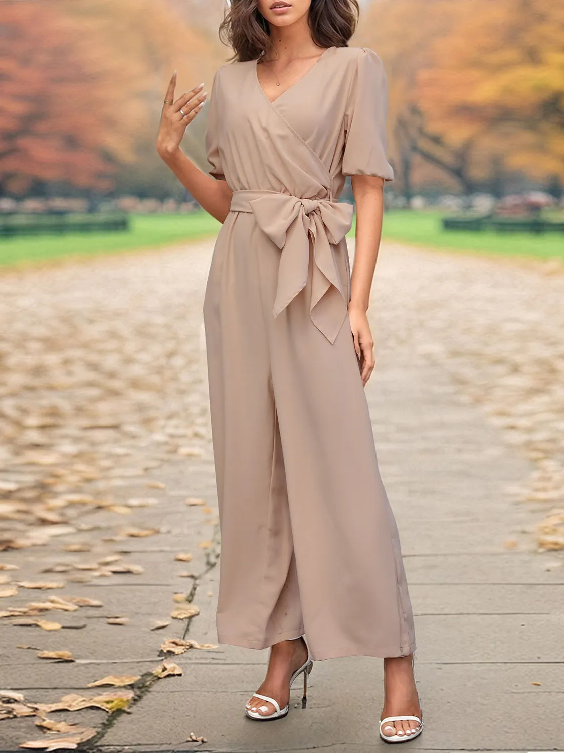 Tied Short Sleeve Wide Leg Jumpsuit - Stylish & Comfortable