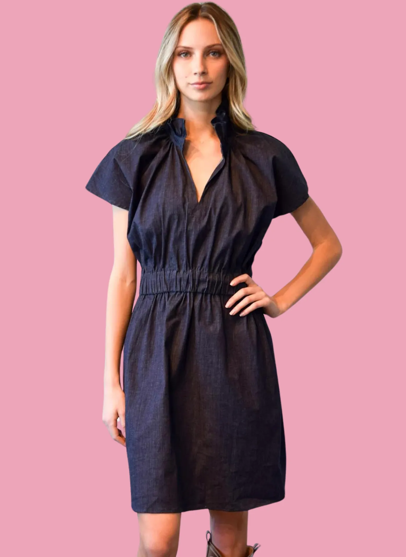 Vicki Elastic Waist Dress- Dark Denim