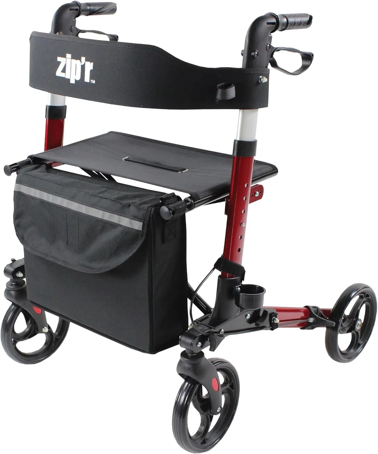 Zip’r Pioneer Rollator Walker with Seat and Storage 300 Lbs Capacity for 4'9"-6'4" Riders Folding ZIP21RED New